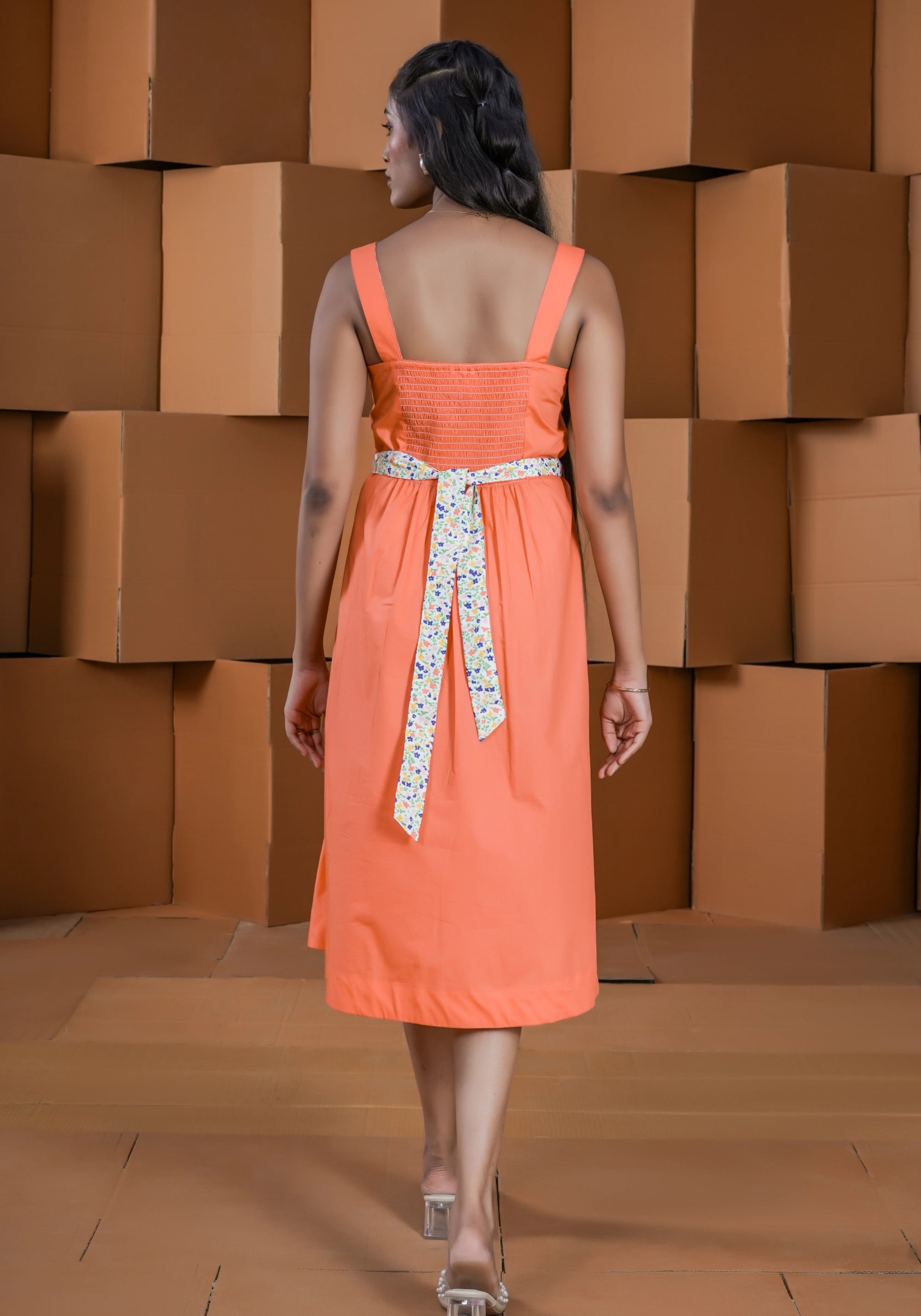 ORANGE STRAP BACK SMOCK DRESS