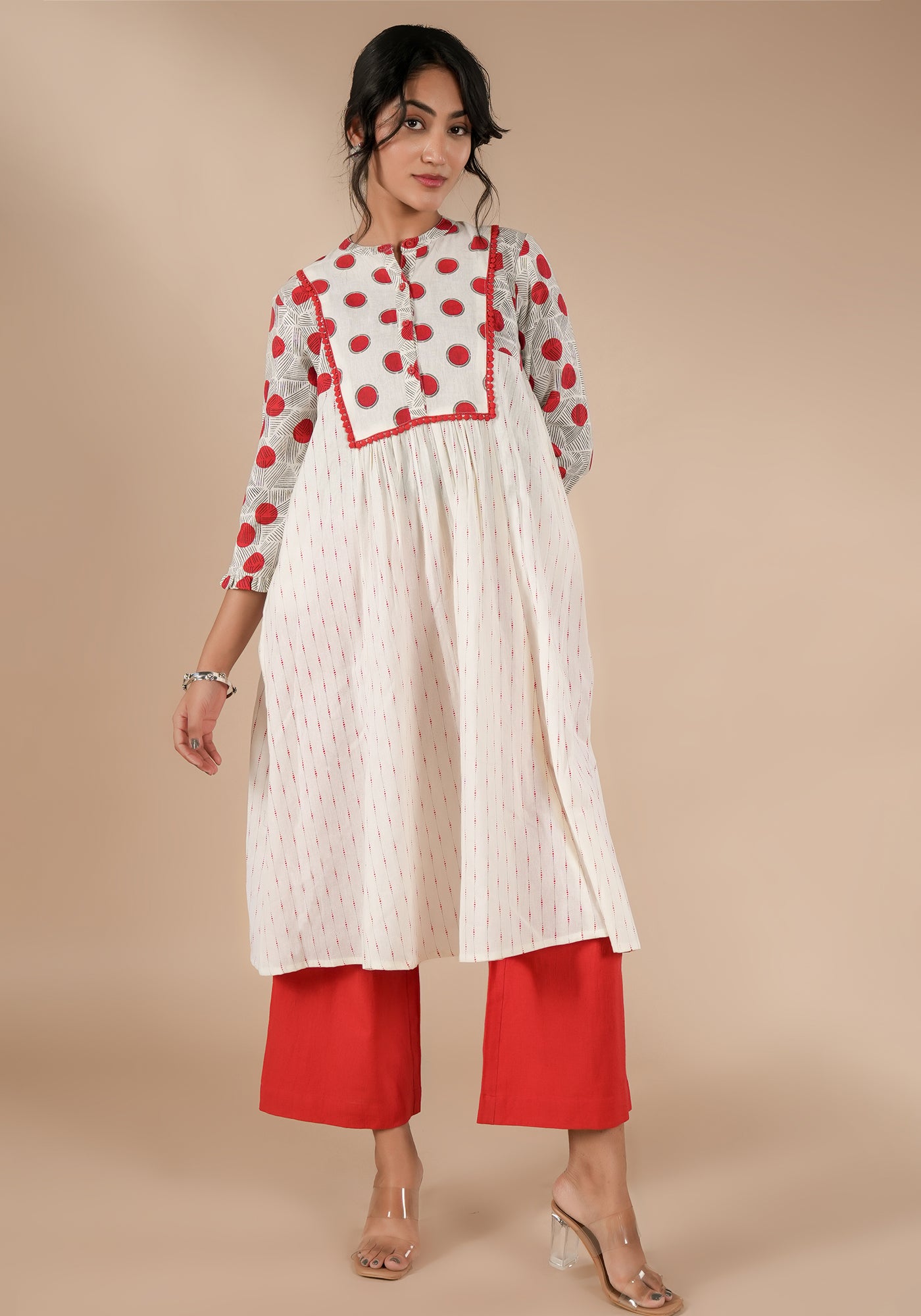 BINDU FIT & FLARE KURTA WITH POLKA YOKE