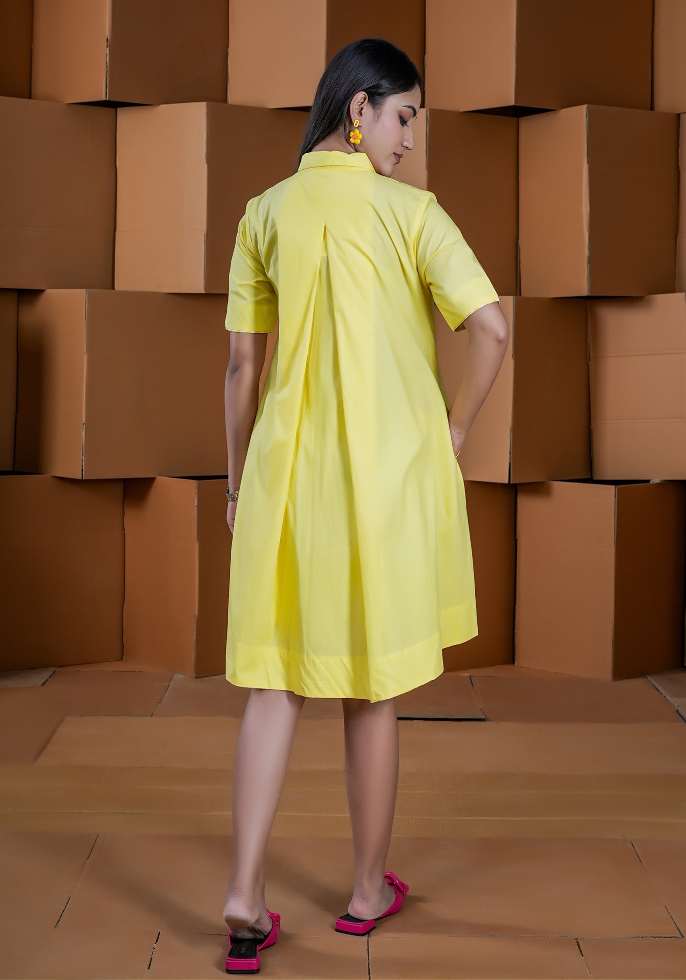 YELLOW FLARED PLACKET DRESS