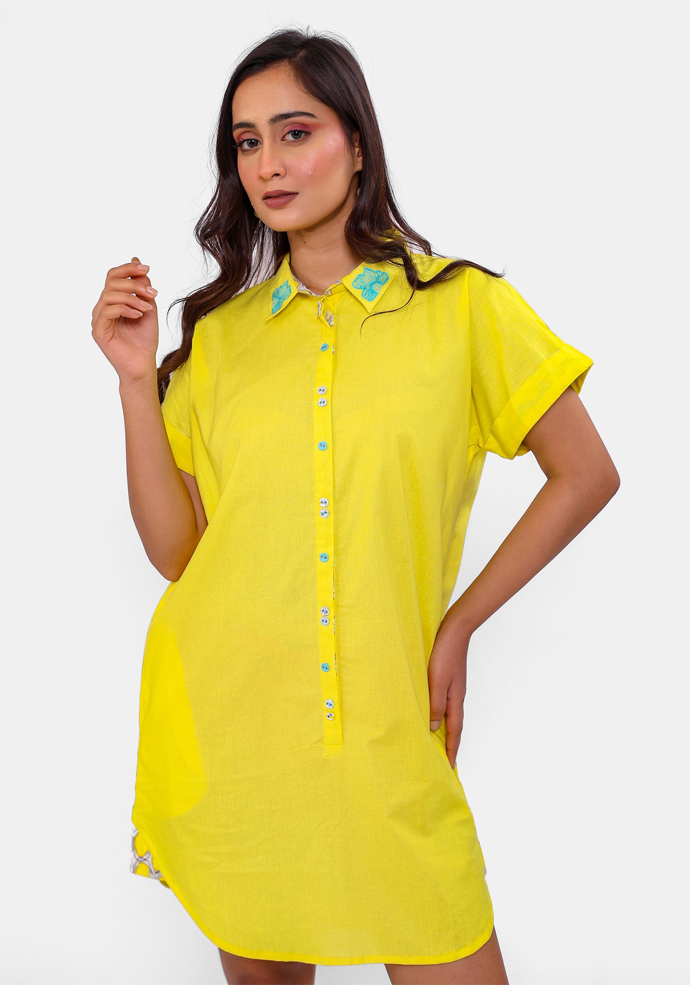 HARROZ SOLID YELLOW TUNIC DRESS