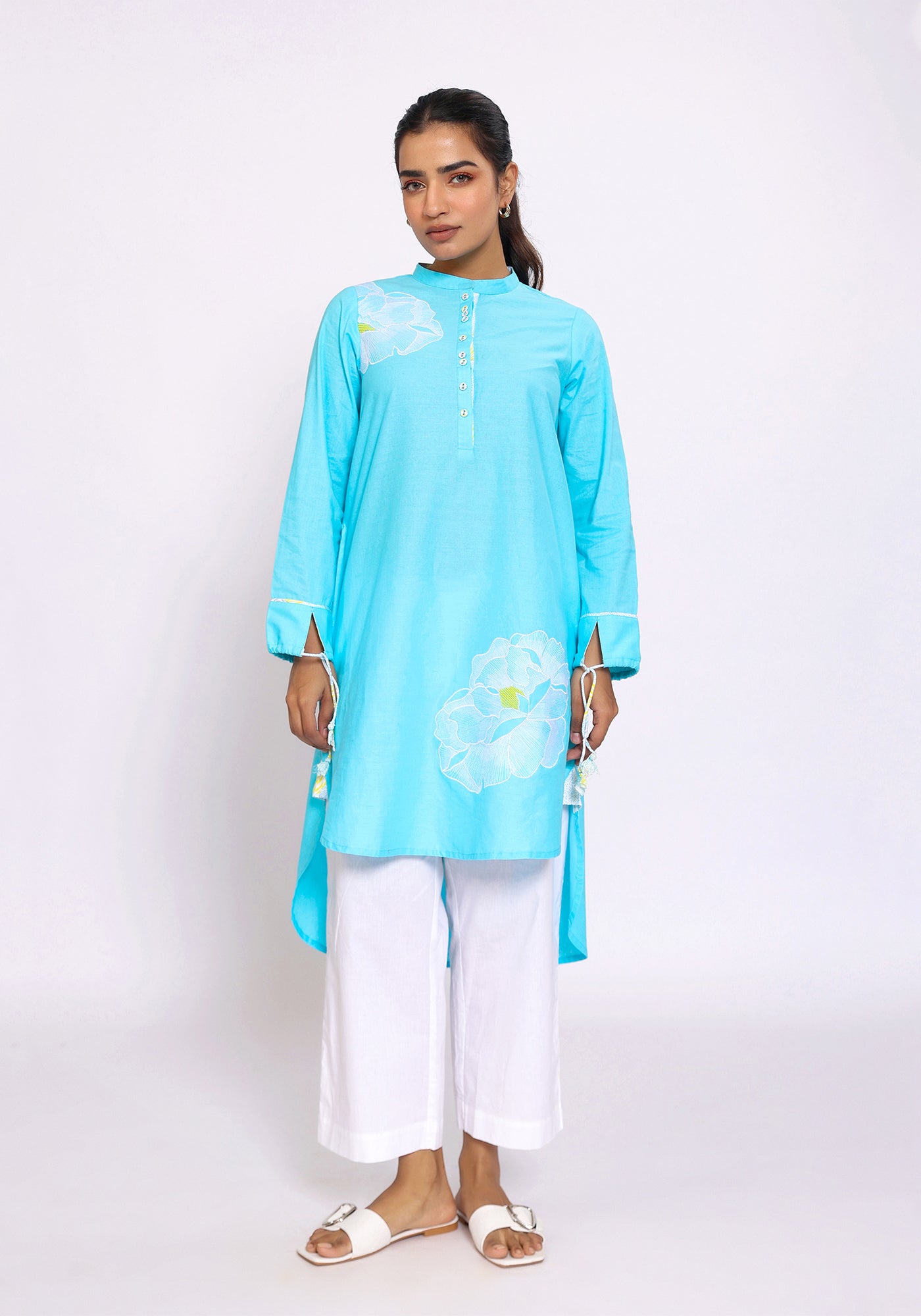 HARROZ TASSEL SLEEVE TEAL KURTA