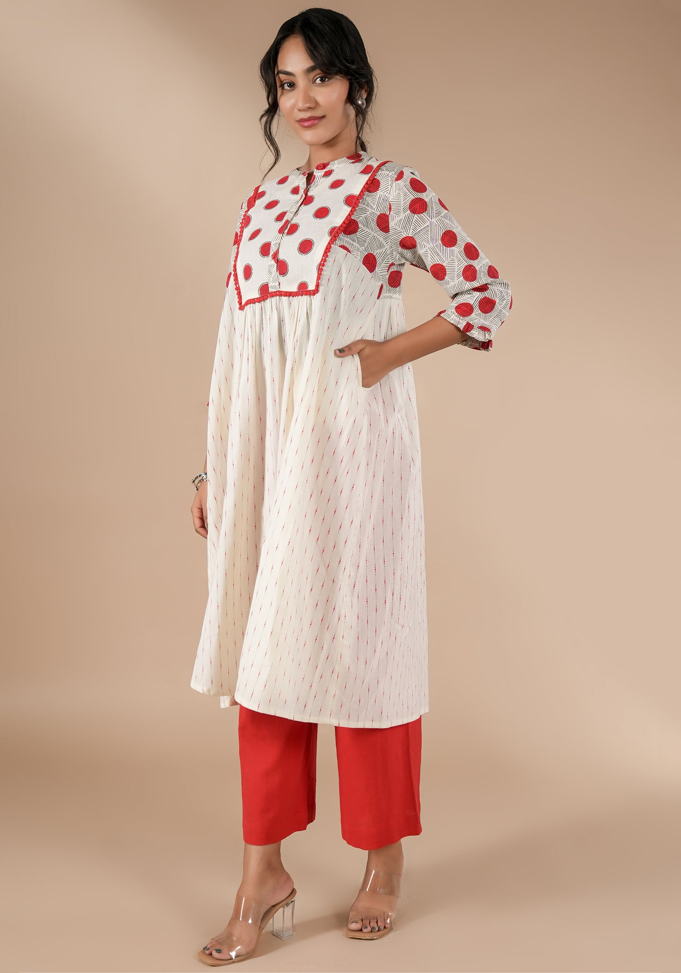 BINDU FIT & FLARE KURTA WITH POLKA YOKE