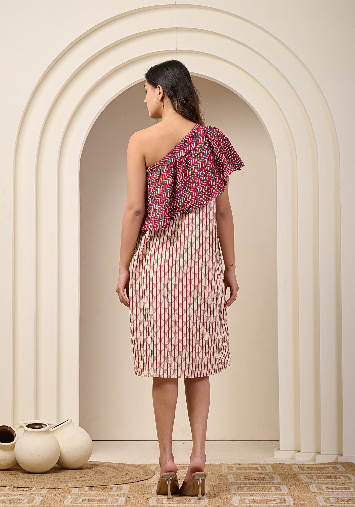 MAROON CASCADE ONE SHOULDER DRESS
