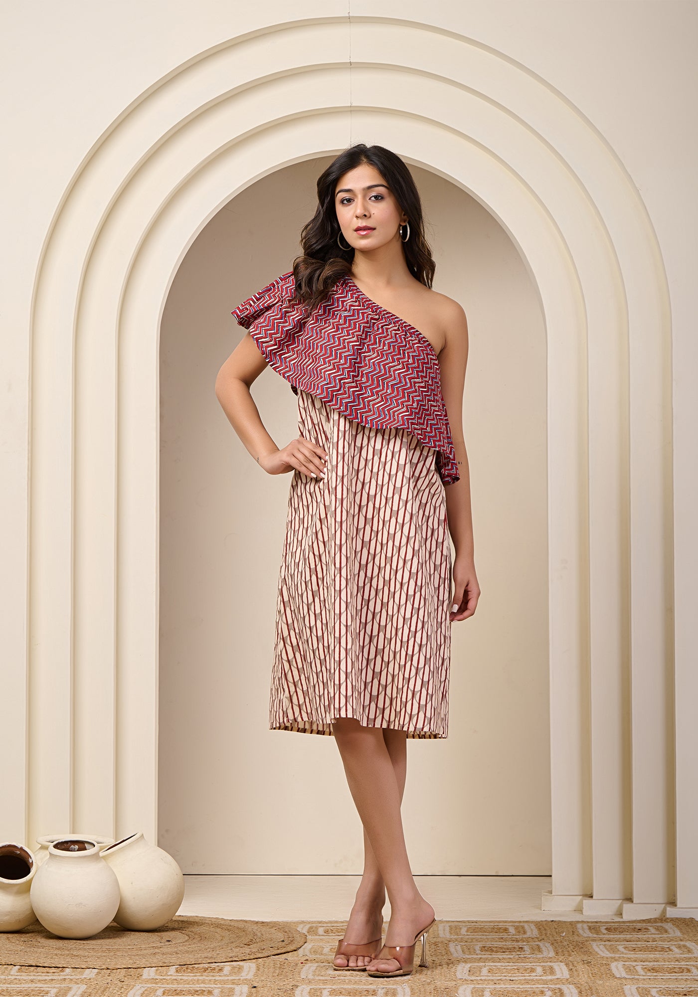 MAROON CASCADE ONE SHOULDER DRESS