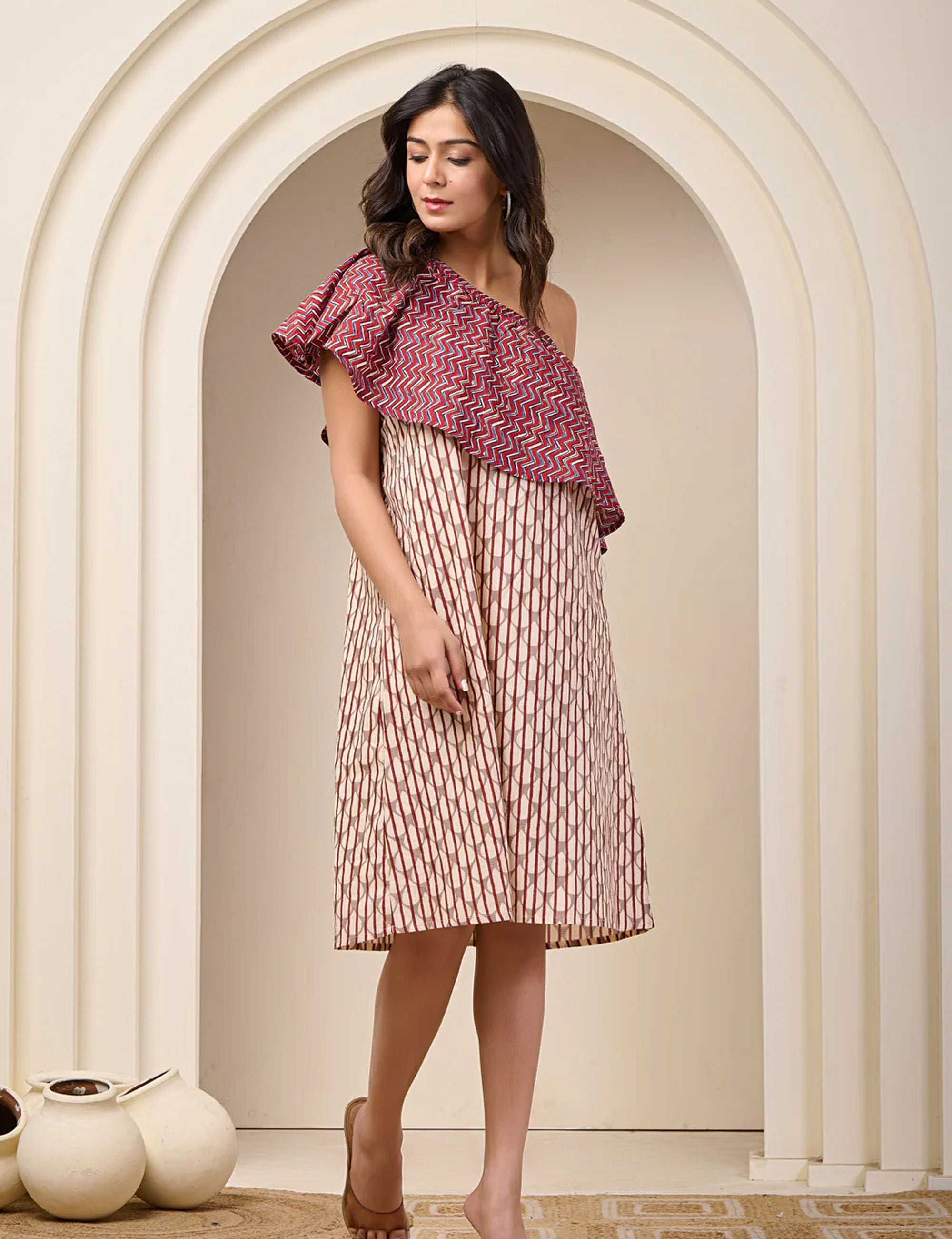 MAROON CASCADE ONE SHOULDER DRESS
