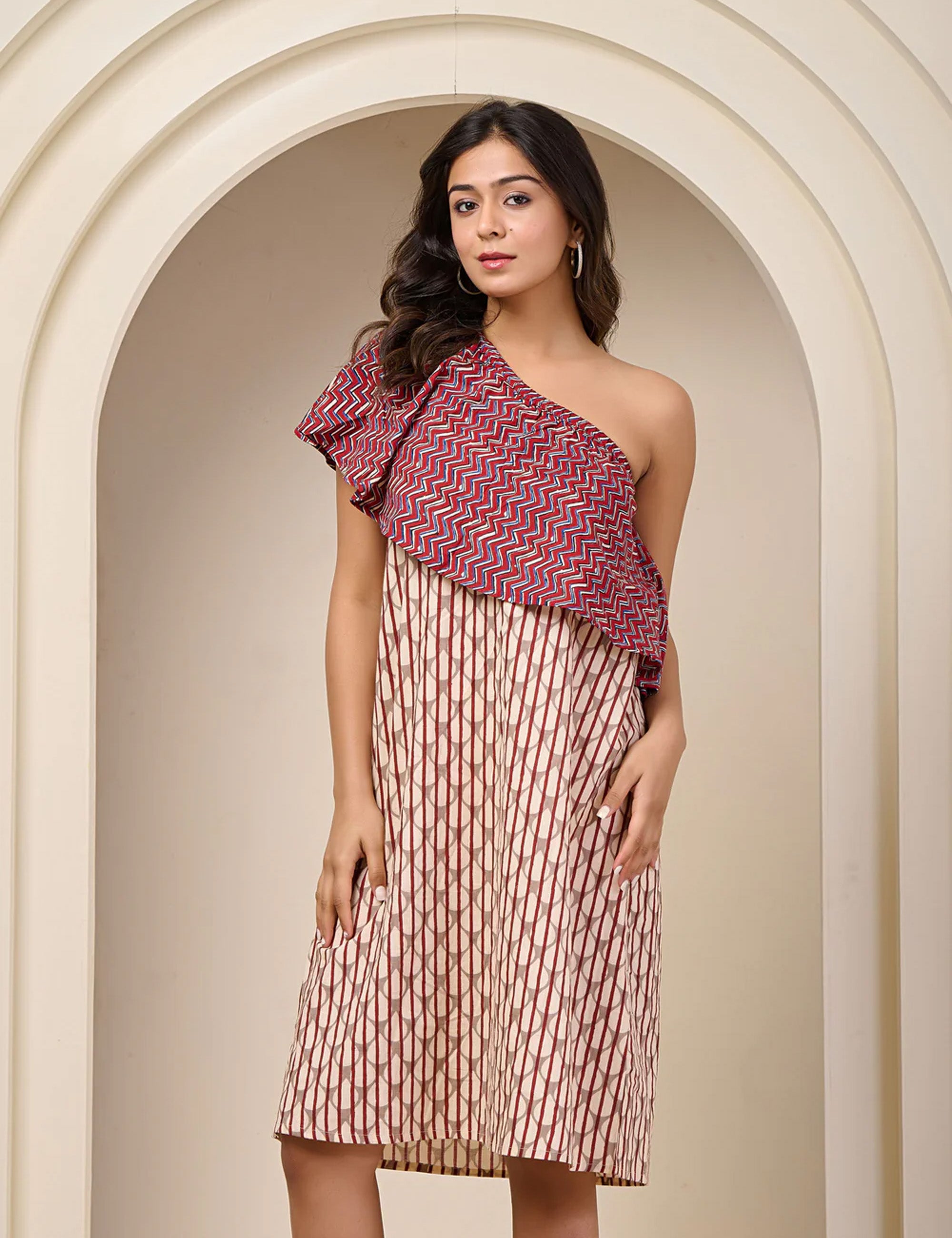 MAROON CASCADE ONE SHOULDER DRESS