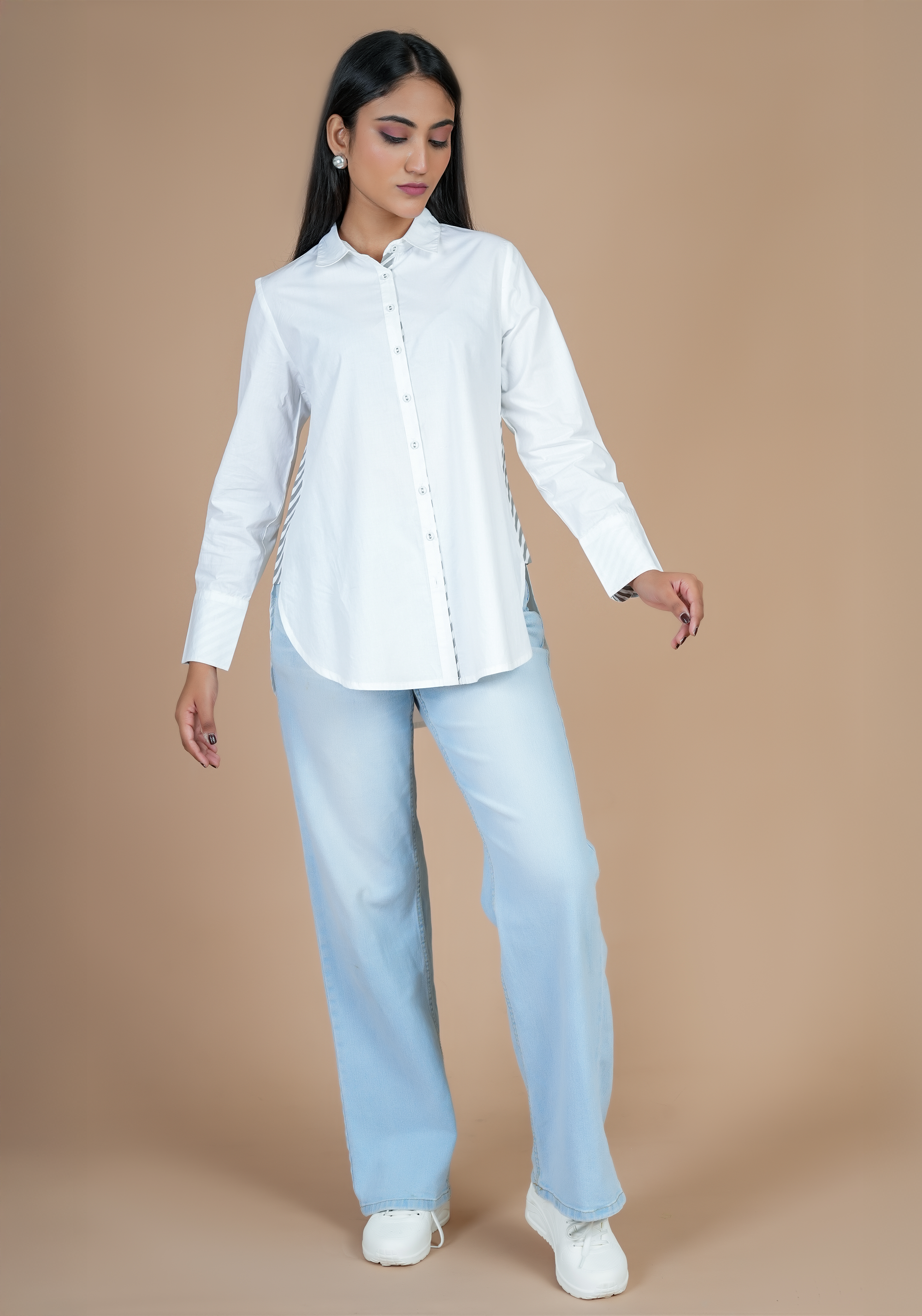 WHITE SIDE STRIP FULL PLACKET SHIRT