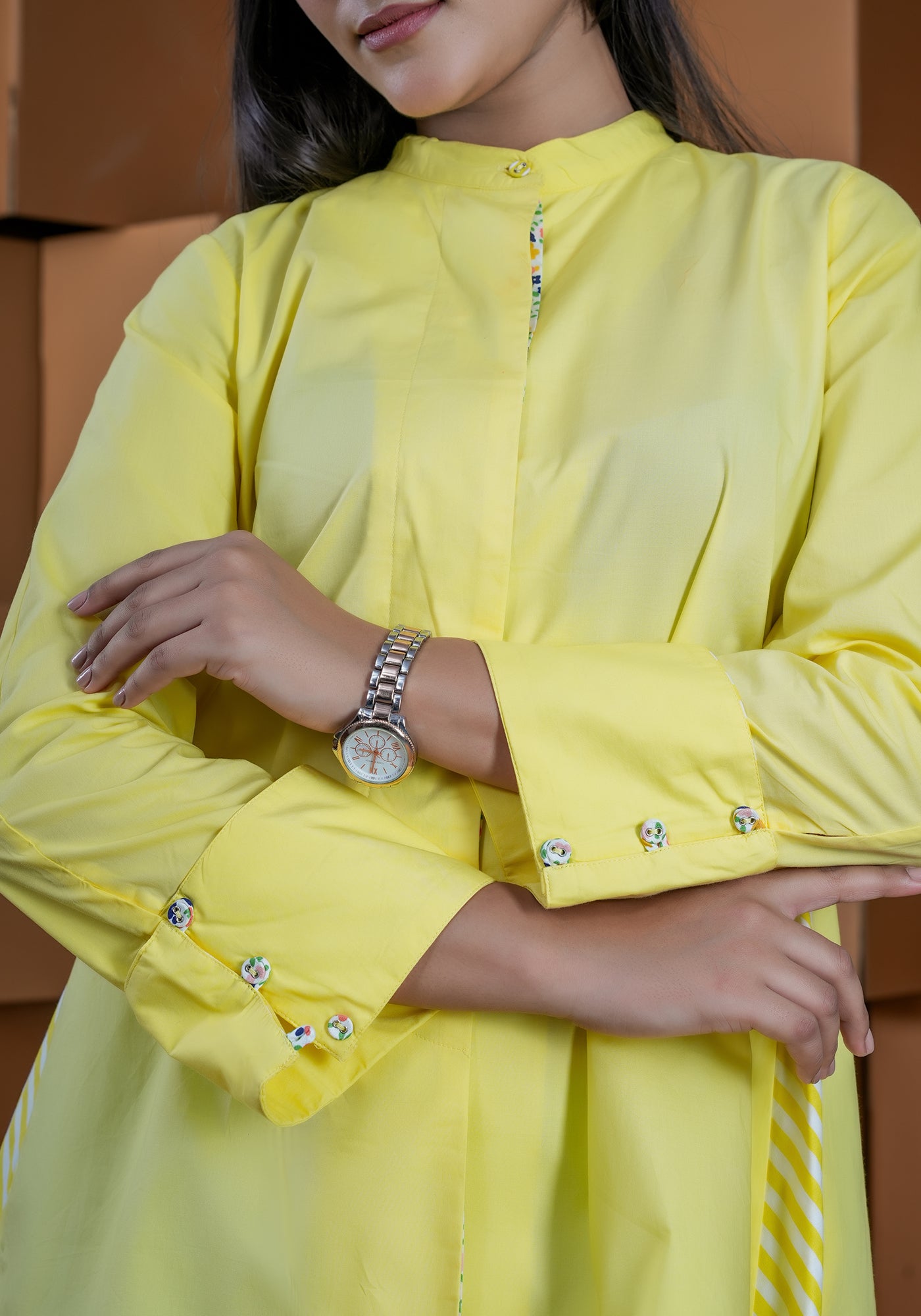 YELLOW CONCEAL PLACKET FULL SLEEVE SHIRT