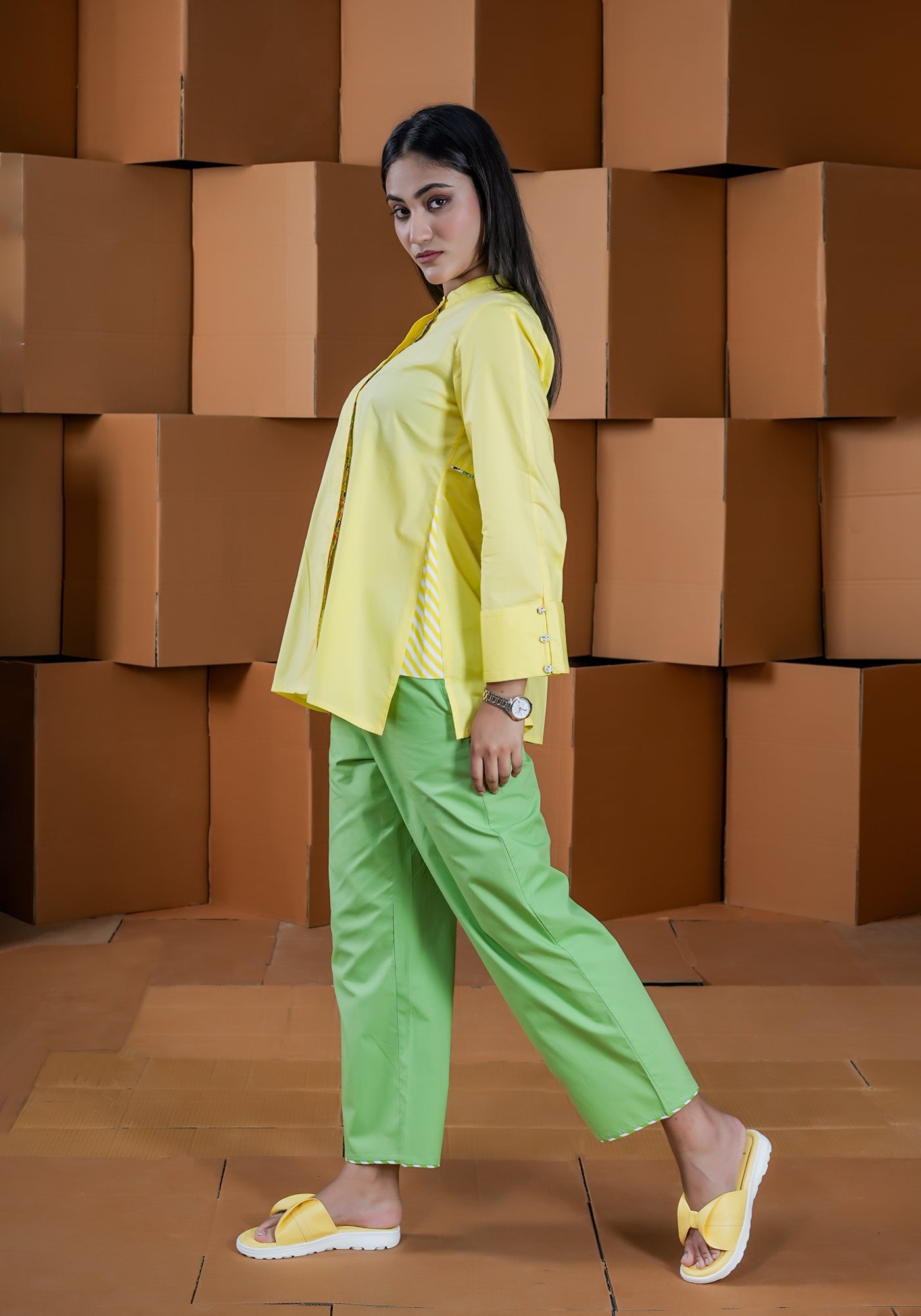 YELLOW CONCEAL PLACKET FULL SLEEVE SHIRT