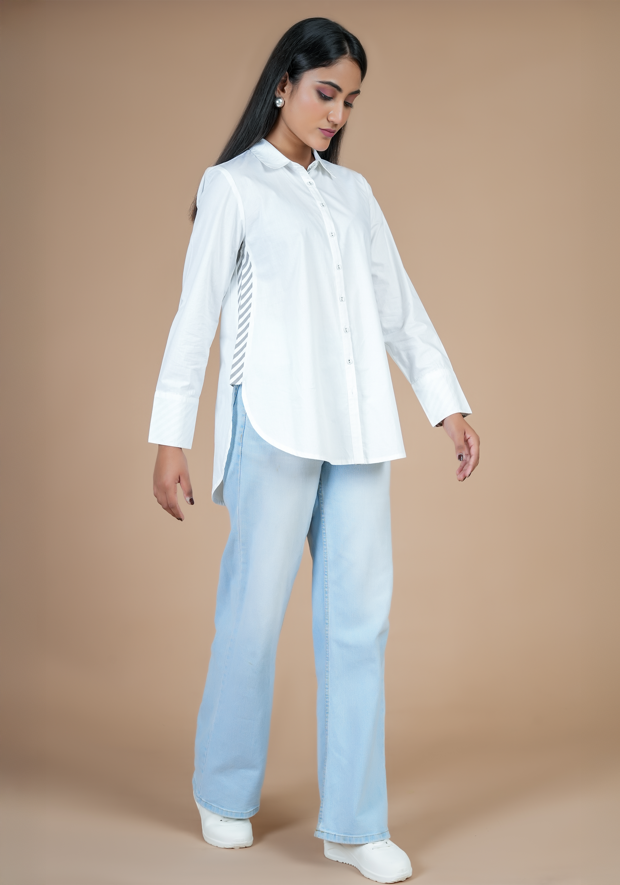 WHITE SIDE STRIP FULL PLACKET SHIRT