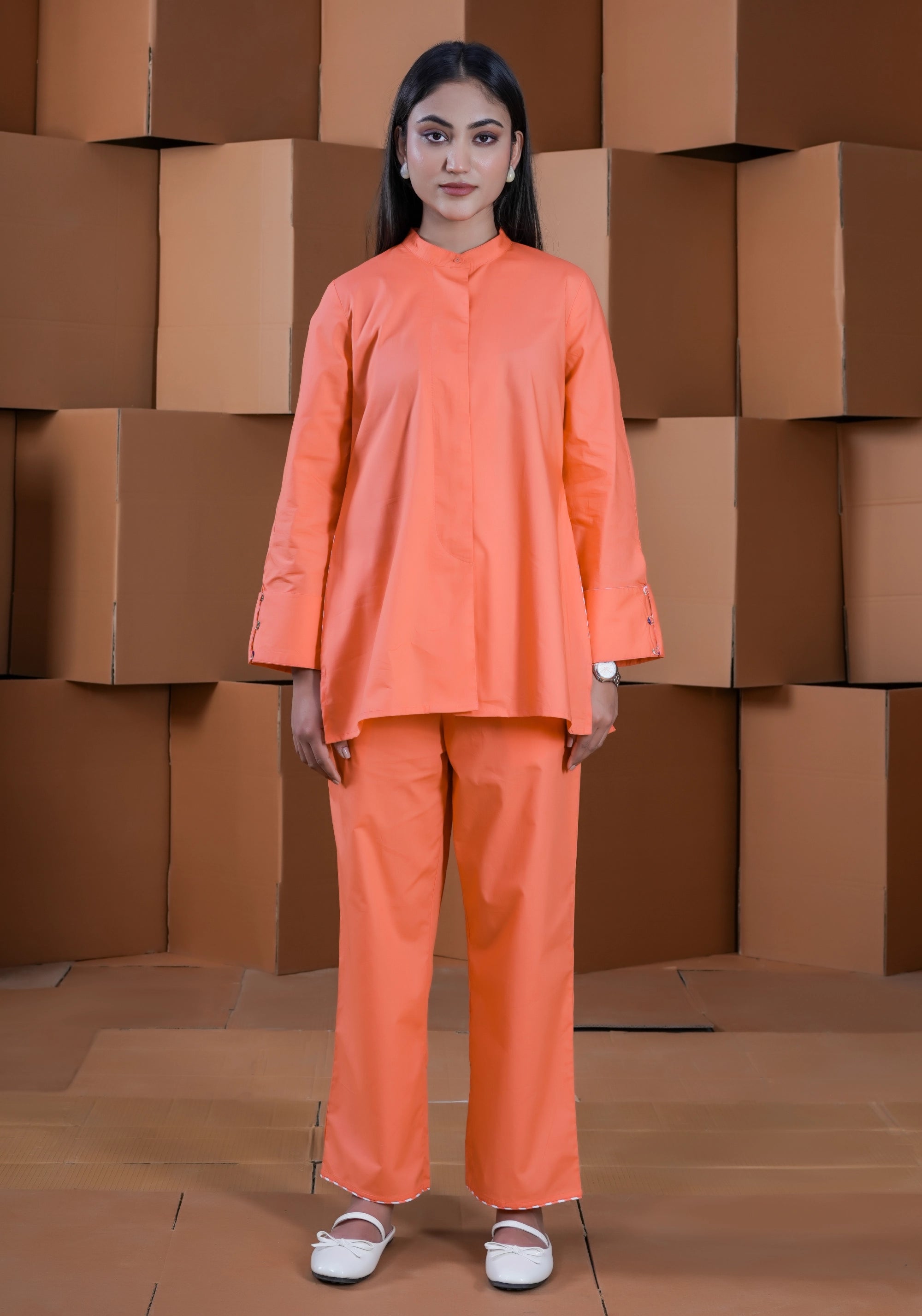 ORANGE CONCEAL PLACKET FULL SLEEVE SHIRT
