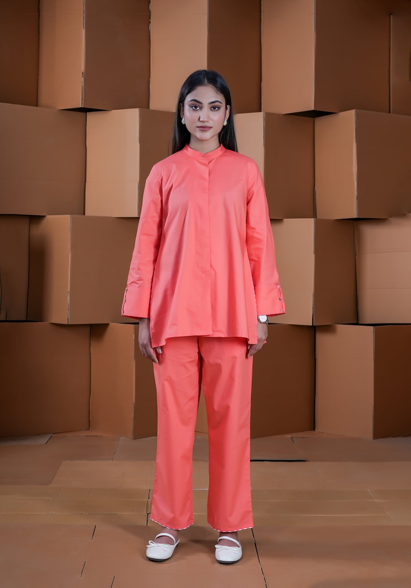ORANGE CONCEAL PLACKET FULL SLEEVE SHIRT
