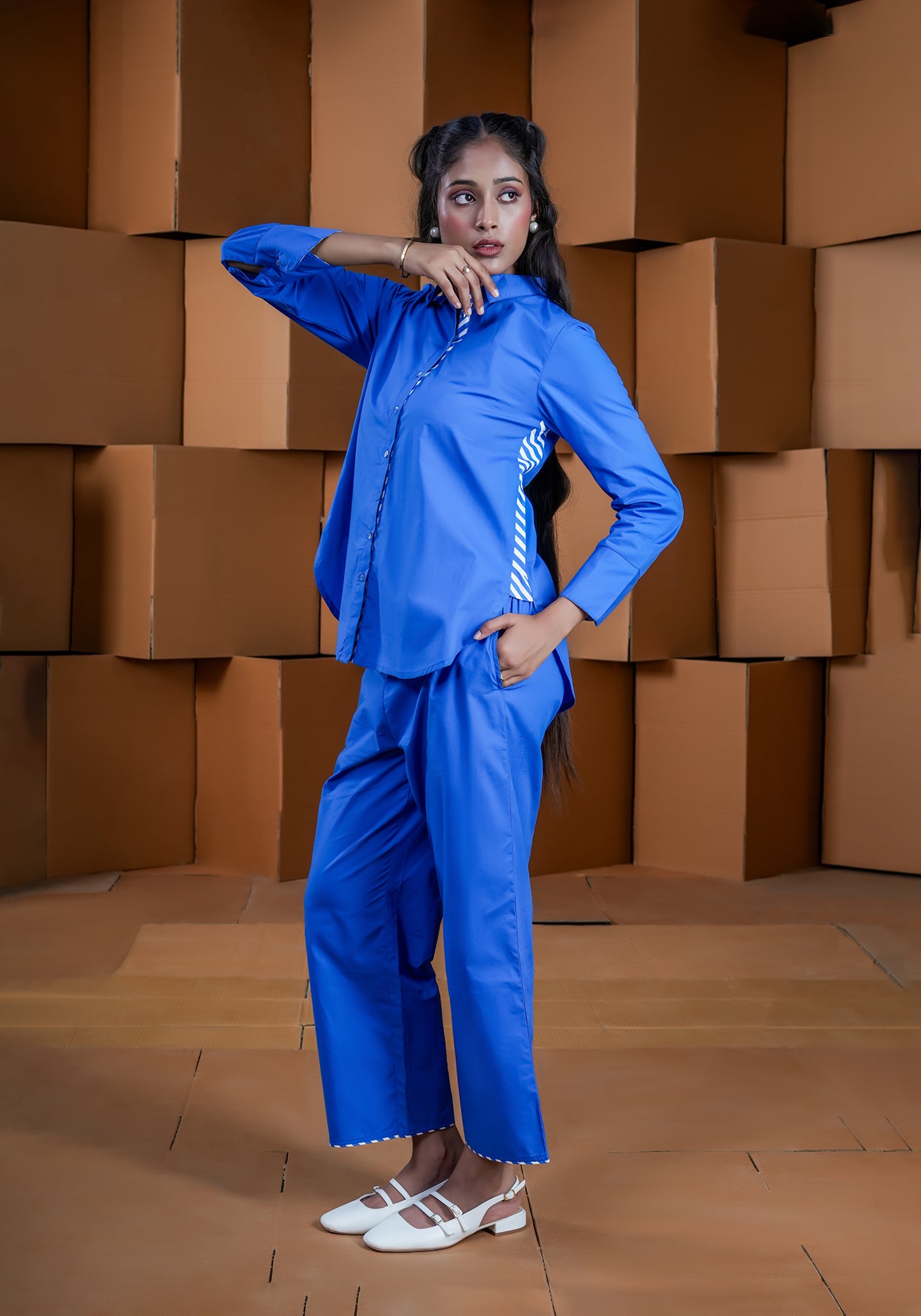 BLUE SIDE STRIP FULL PLACKET SHIRT