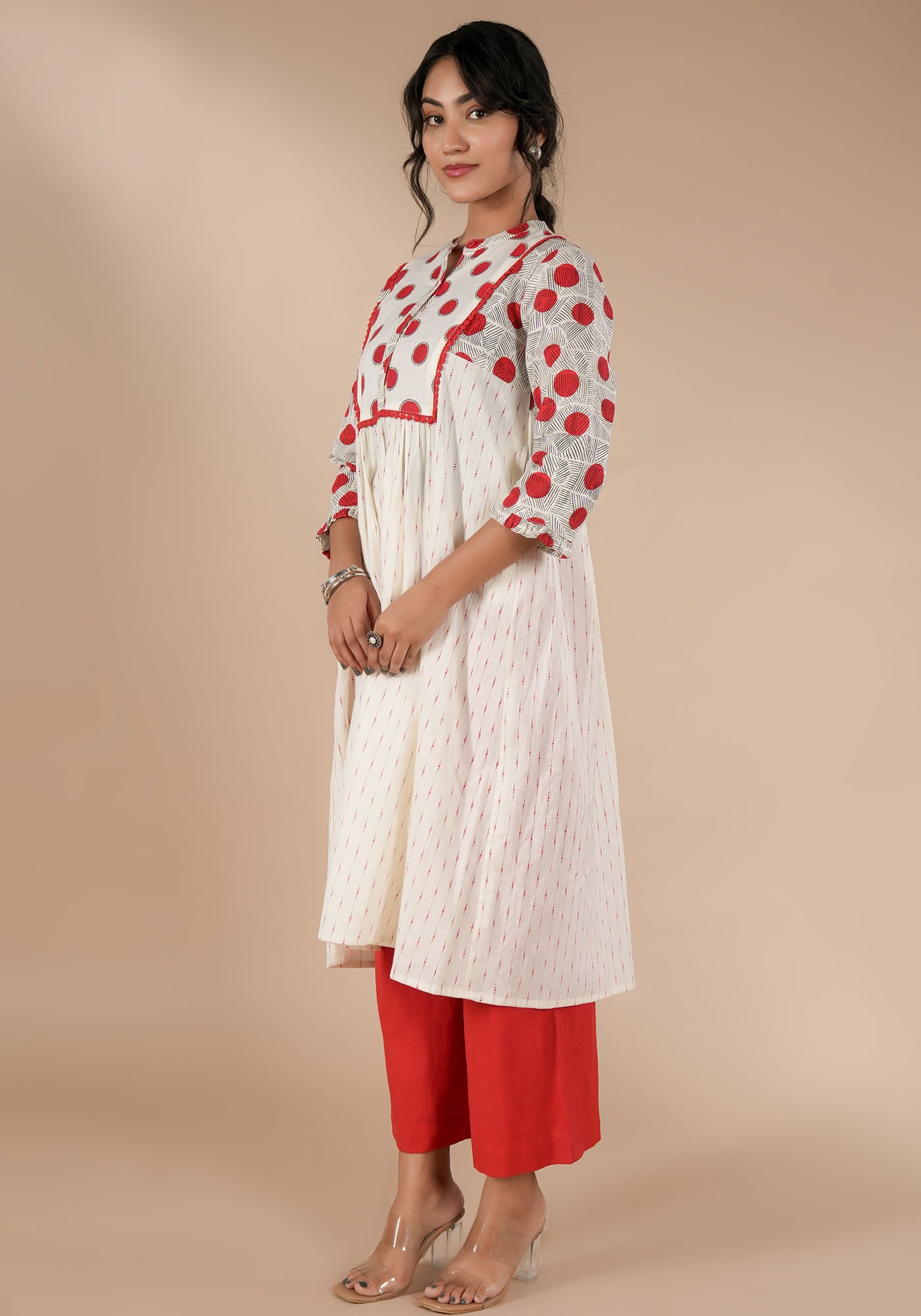 BINDU FIT & FLARE KURTA WITH POLKA YOKE