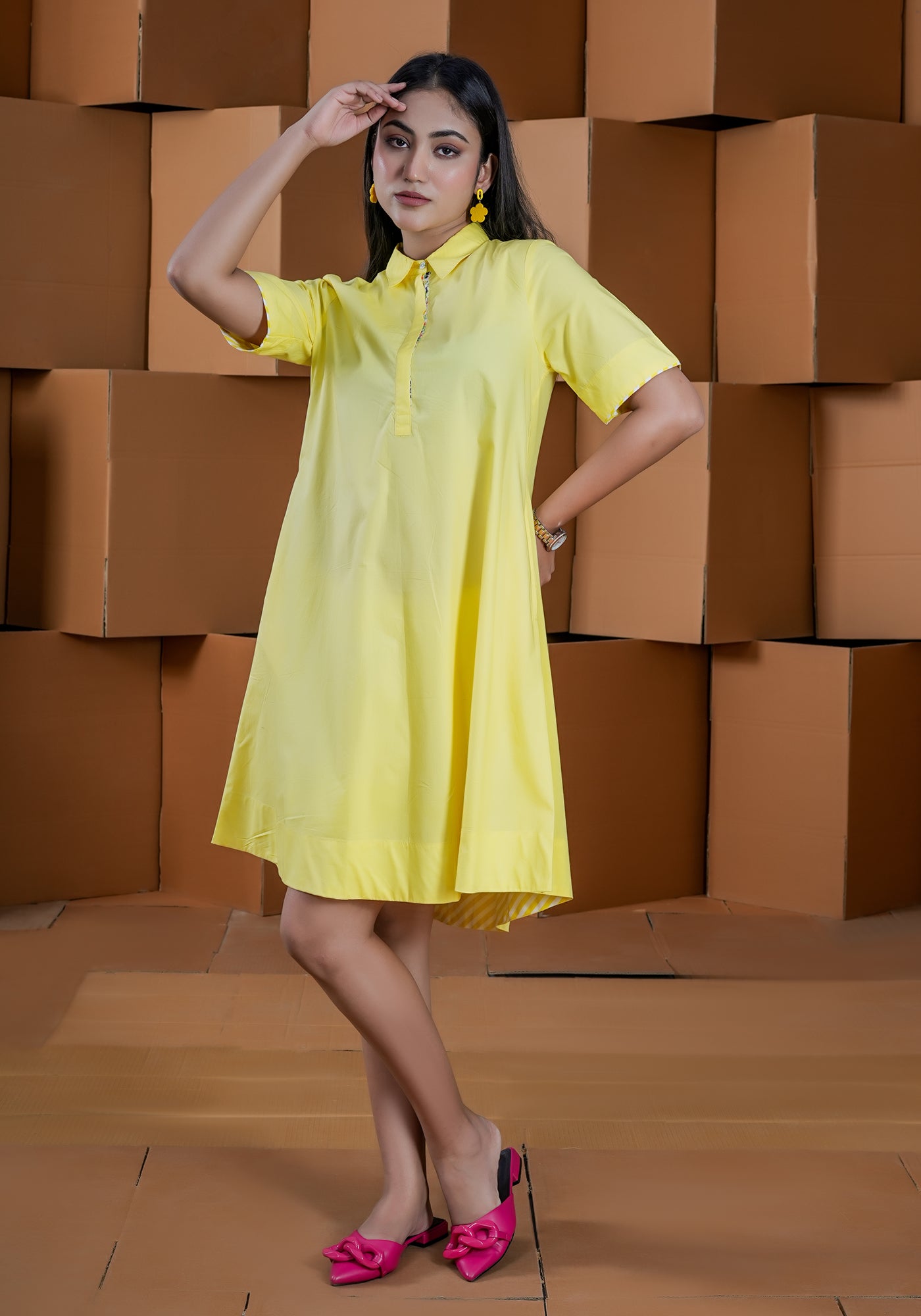 YELLOW FLARED PLACKET DRESS