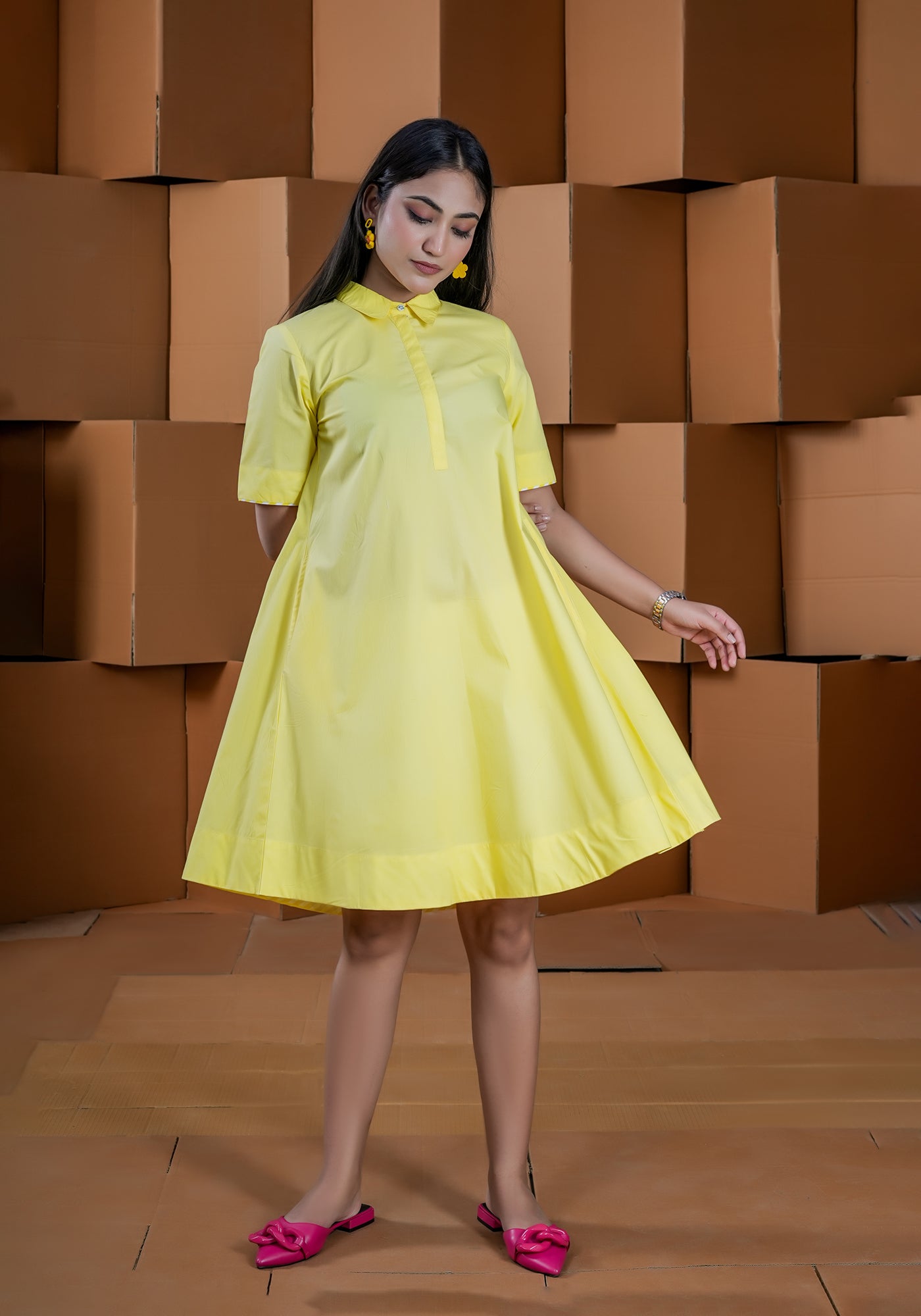 YELLOW FLARED PLACKET DRESS