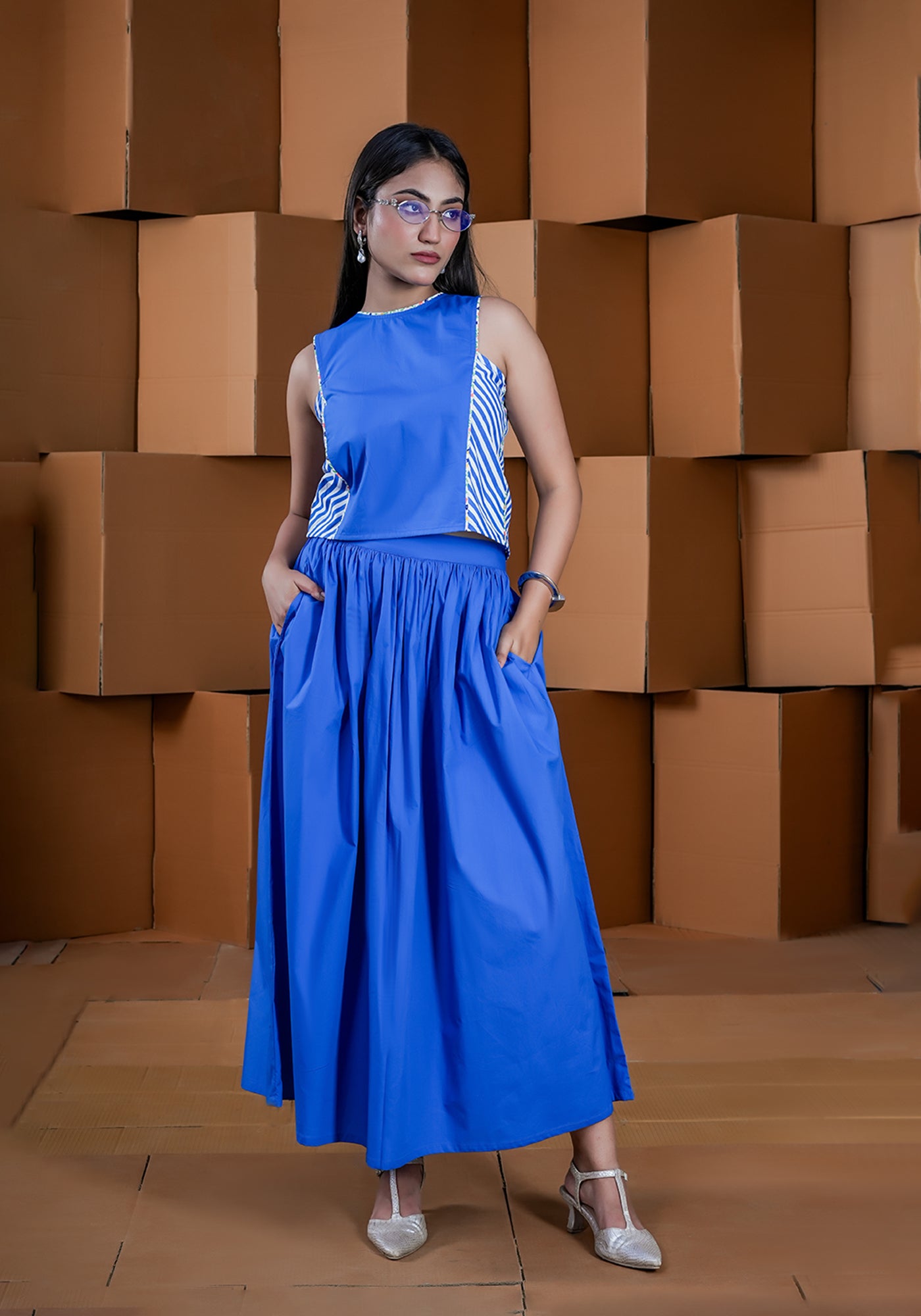 BLUE MULTI PANEL BACK PLACKET CROP TOP