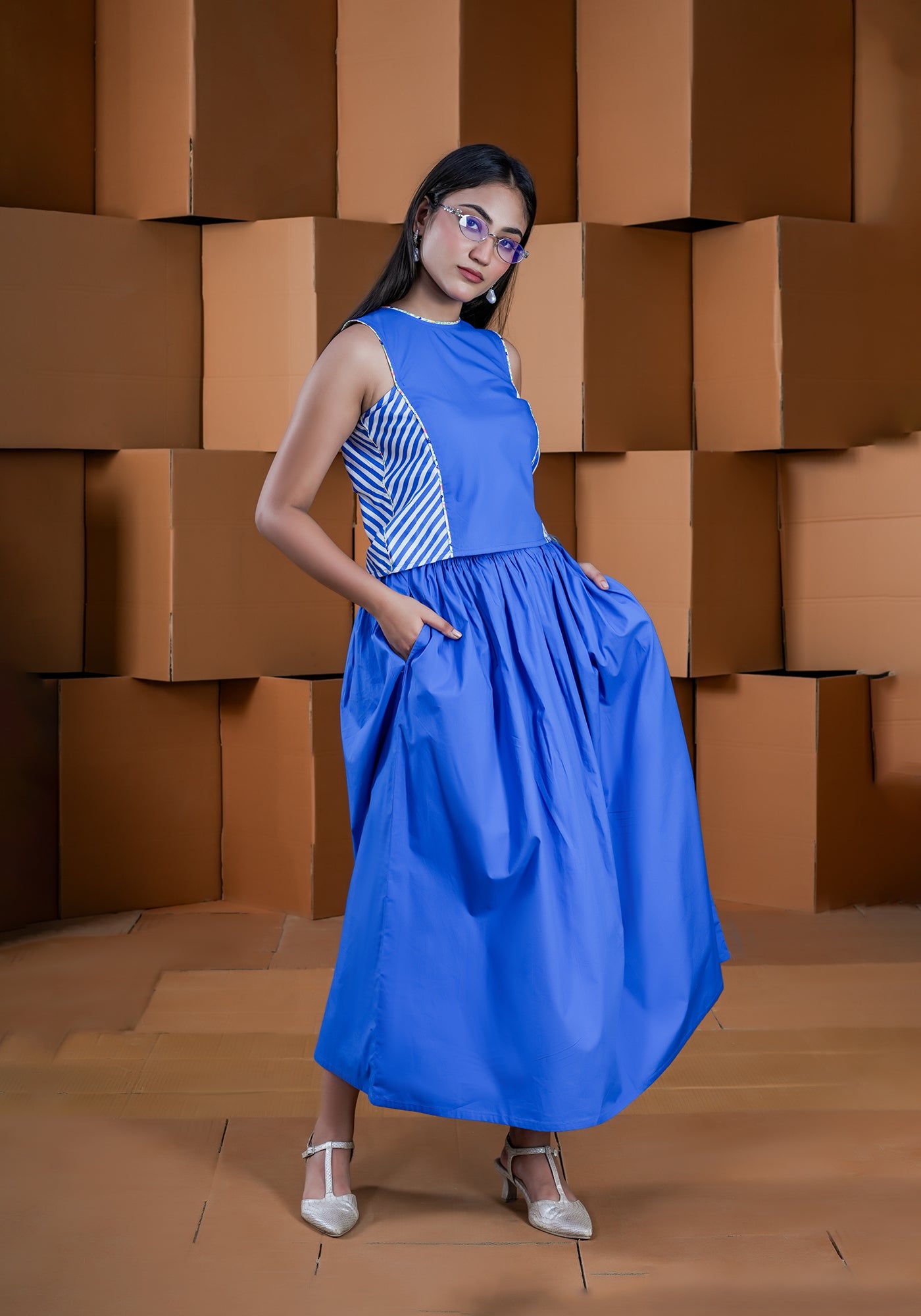 BLUE MULTI PANEL BACK PLACKET CROP TOP