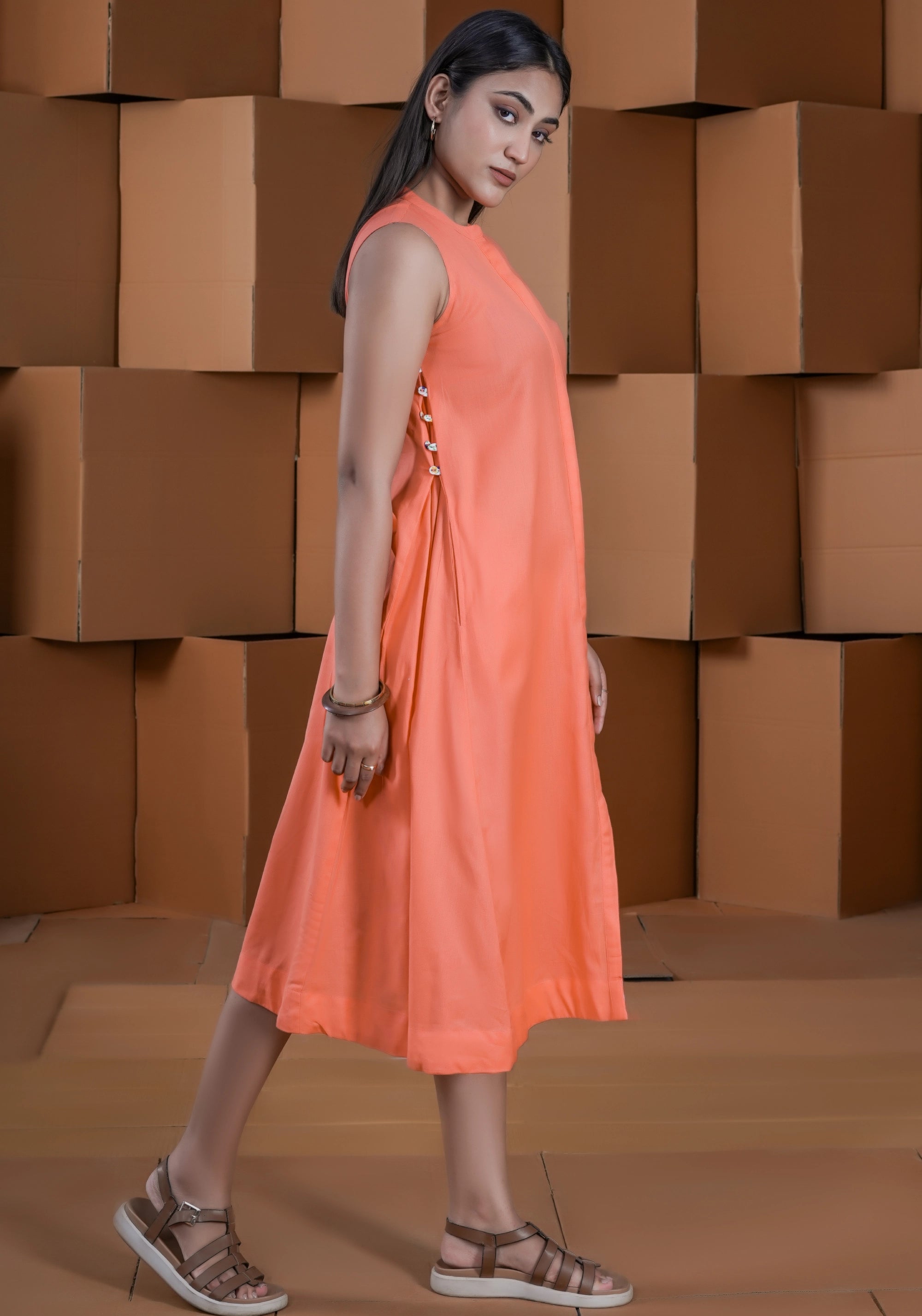 ORANGE SIDE BUTTON-DOWN DRESS