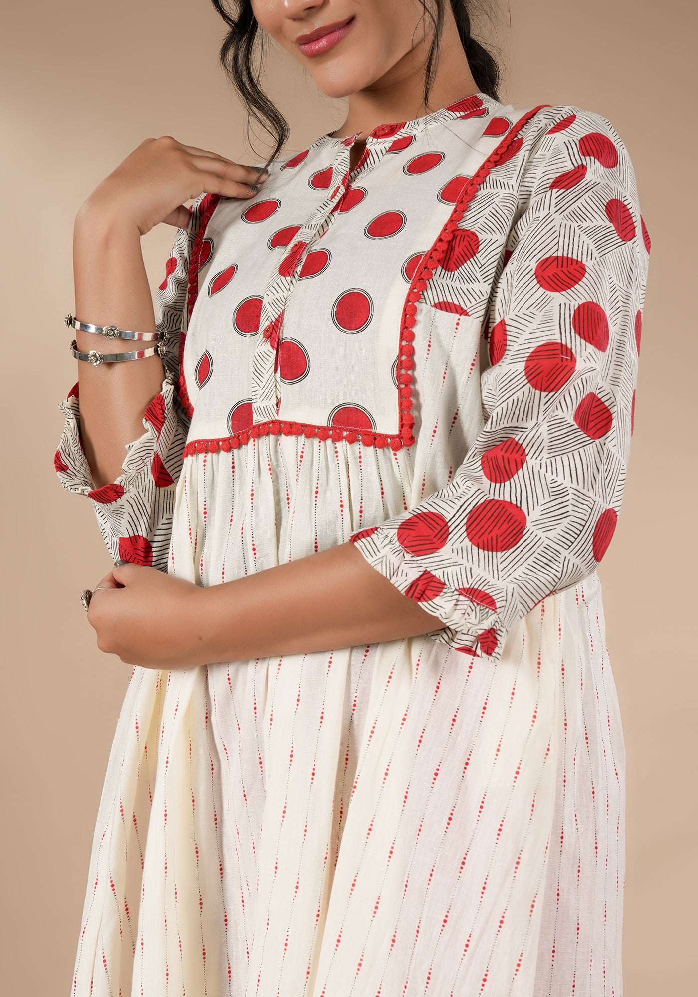 BINDU FIT & FLARE KURTA WITH POLKA YOKE