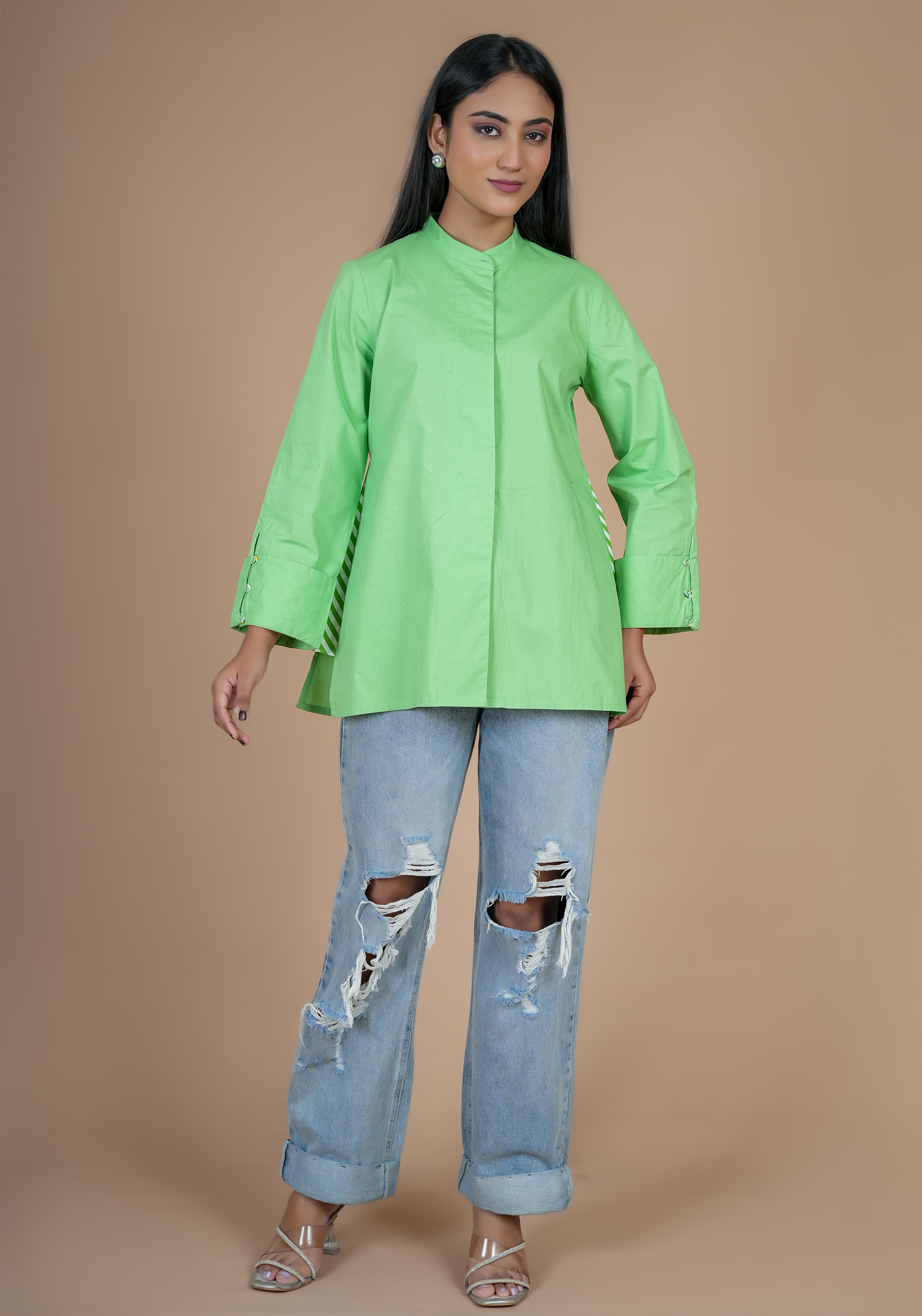 GREEN CONCEAL PLACKET FULL SLEEVE SHIRT