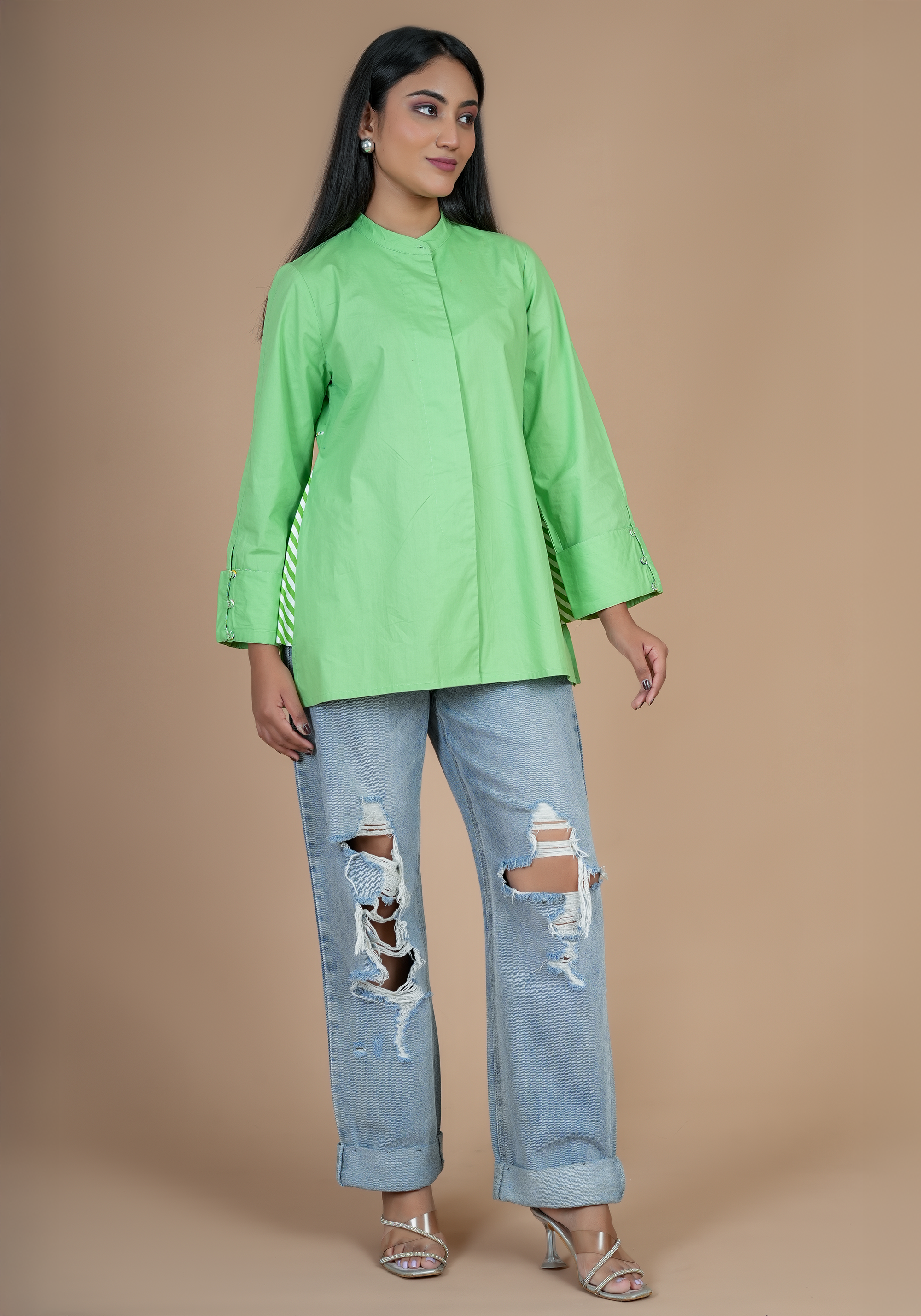 GREEN CONCEAL PLACKET FULL SLEEVE SHIRT